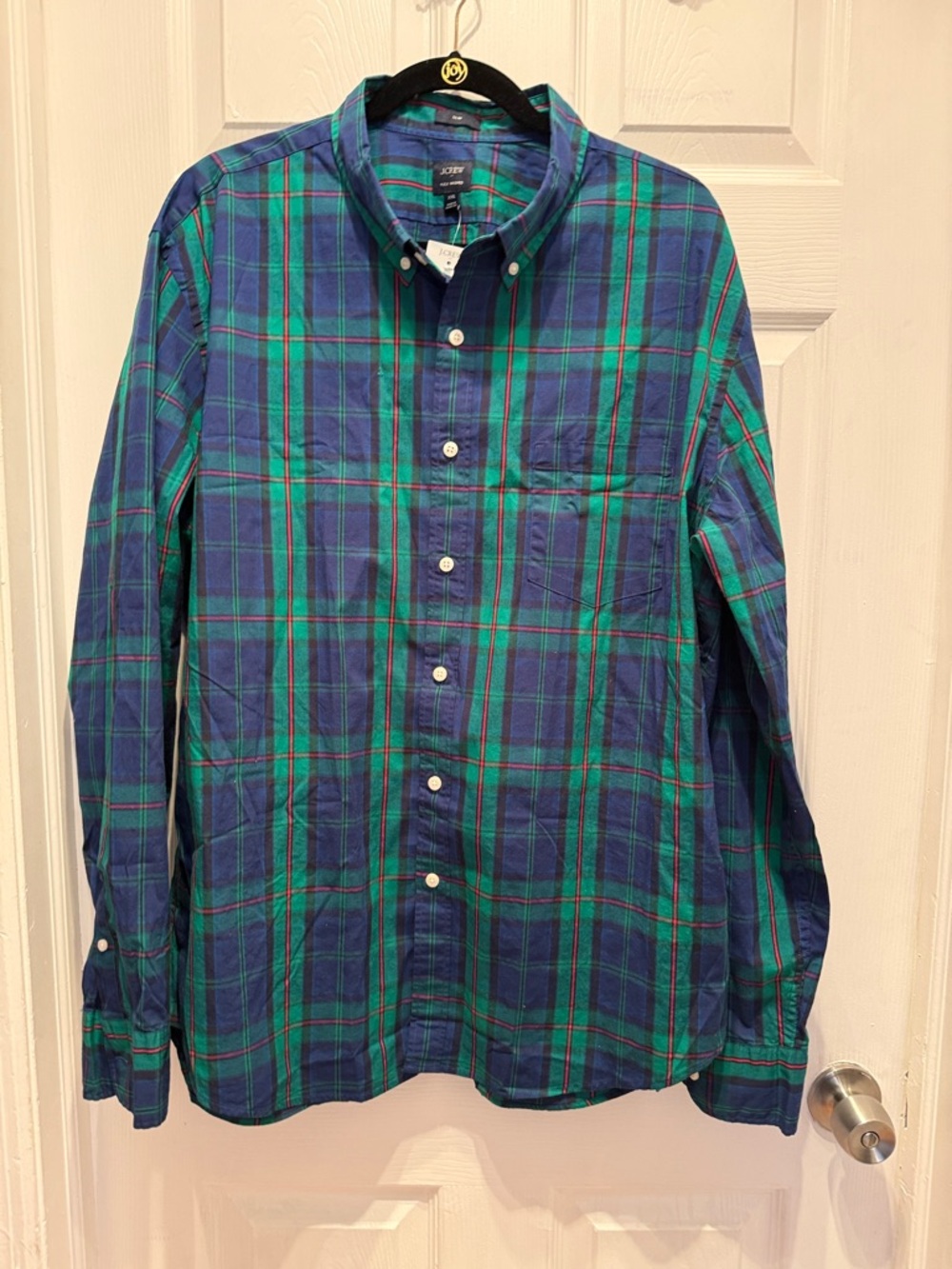 J. Crew Navy Blue and Green Plaid Cotton Button-Down Shirt